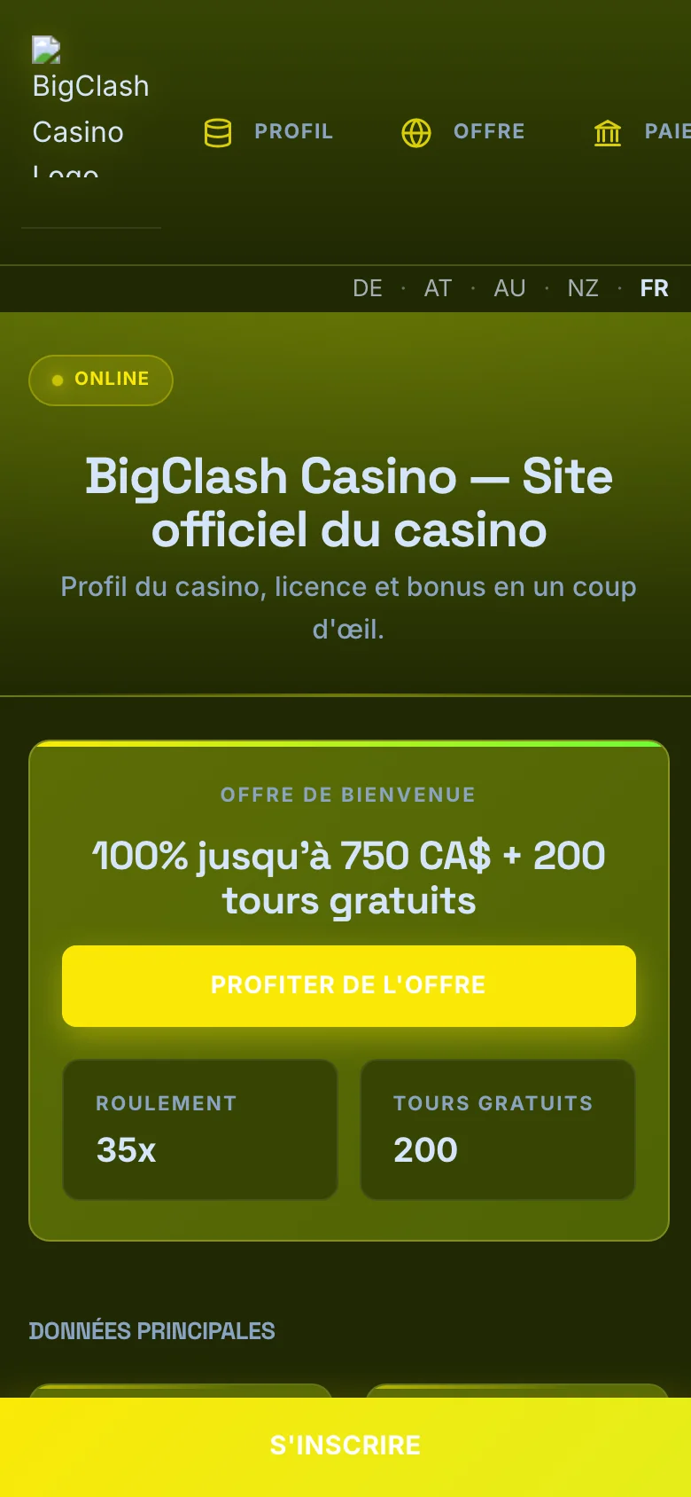 BigClash Casino mobile lobby screenshot